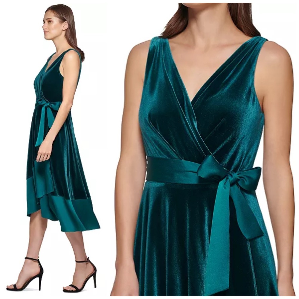 DKNY Mixed-Media Surplice V-Neck Velvet Belted Midi Dress Emerald Green Size 10